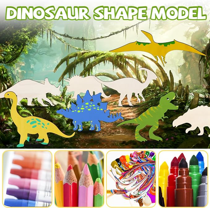48 Pack Unfinished Wooden Dinosaur Animal Cutouts,Pterosauria,Tyrannosaurus Rex,Triceratops,Stegosaurus,Ankylosaurus Shapes Model for Home Decor Ornament,DIY Craft Art Project(6 PCS/Shape)