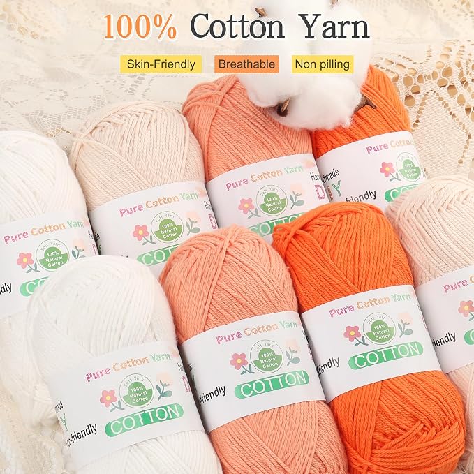 Katech 1OO% Cotton Yarn for Crocheting & Knitting–Baby Cotton Yarn (F) | 12-Color of 137 Yards/1.76 oz Sport Weight CYC #2-Soft & Breathable-Ideal for Dishcloths, Baby Clothes, Potholders & Crafts