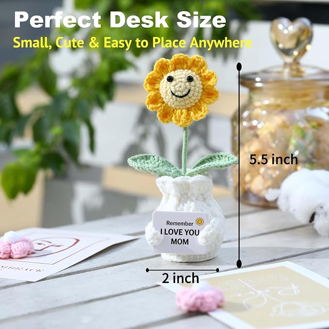 Crochet Sunflower Gift for Mom from Daughter Son, “I Love You Mom” Handmade Flower, Cute Desk Decor, Appreciation Ready-to-Gift with Box