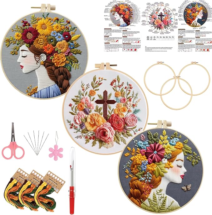 LYMIGER 3 Packs Embroidery Kit for Adults, Embroidery for Beginners (Girl)