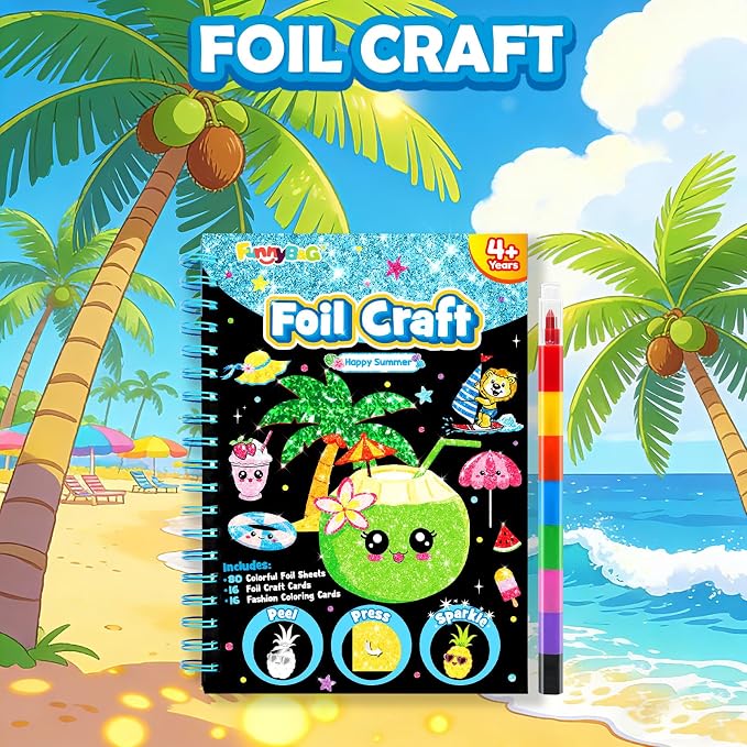FUNNYB&G Foil Art Craft Kit for Kids, Sparkly Birthday Gift Toy for Kids | No Mess, Kids Ages 4-10 Create Sparkling Artwork, A Creative Gift for Birthdays, Holidays, Travel Activities,Screen-Free Fun