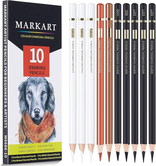 MARKART 10 Pack Professional Charcoal Pencils for Drawing | Black & White Charcoal Pencils for Sketching, Shading, Blending, Portrait, Pastel Chalk Pencils for Beginners & Artists