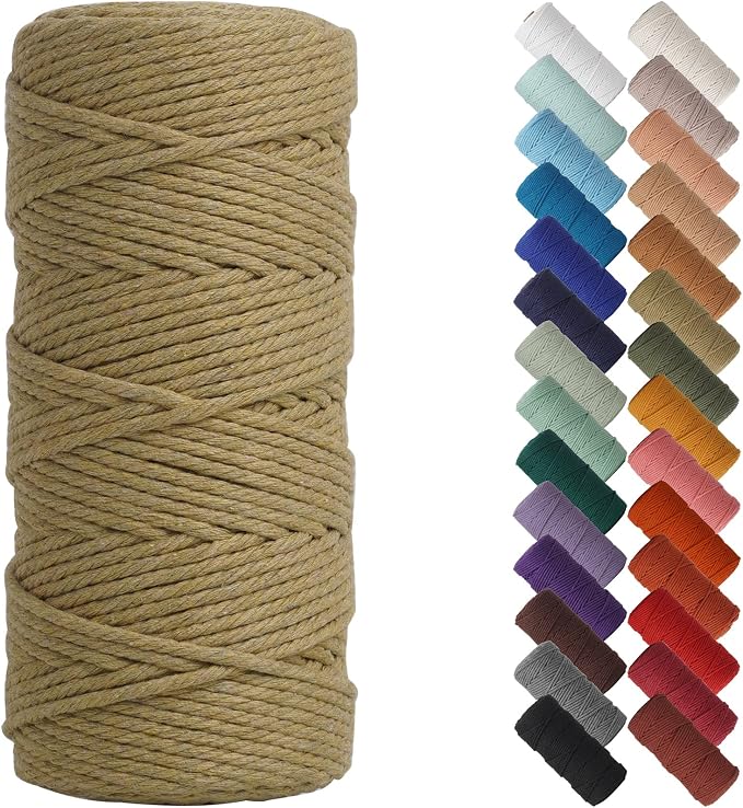 NOANTA Khaki Macrame Cord 3mm x 109yards, Colored Cotton Rope Macrame Yarn | Macrame Rope Supplies, 3 Strand Twisted Cotton Yarn String, Cotton Cord for Wall Hanging, Plant Hangers, Crafts, Knitting