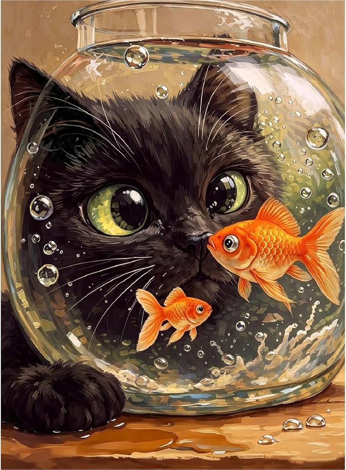 Cat Goldfish Paint by Numbers Kit for Adults Framed Canvas, Frameworkless | Easy Adult Paint by Number Kits on Canvas DIY Cat Goldfish Painting for Beginners Art by Numbers for Home Wall Decor 12X16 in