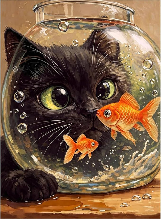 Cat Goldfish Paint by Numbers Kit for Adults Framed Canvas, Frameworkless | Easy Adult Paint by Number Kits on Canvas DIY Cat Goldfish Painting for Beginners Art by Numbers for Home Wall Decor 12X16 in