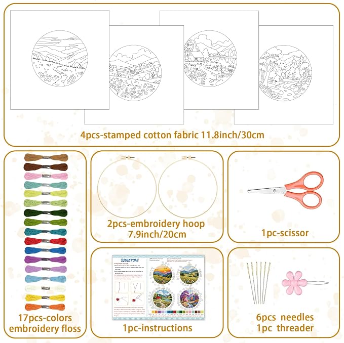 BEUNITONE 4 Set Fairy Tale Landscape Embroidery Kit for Beginners 7.9"x7.9" Pre-Stamped Pattern Needlepoint Kits with Hoop, Tools & Instruction, Handamde Embroidery Kits for Fabric and Home Decor