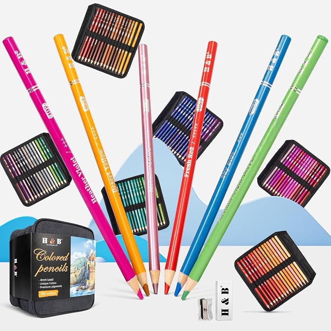 H & B 182 PCS Colored Pencils Kit, Art Supplies for Adult Coloring,Oil Based Soft Core, Ideal for Coloring Sketching Shading, Art Pencil Set for Artists, Wooden Color Pencils
