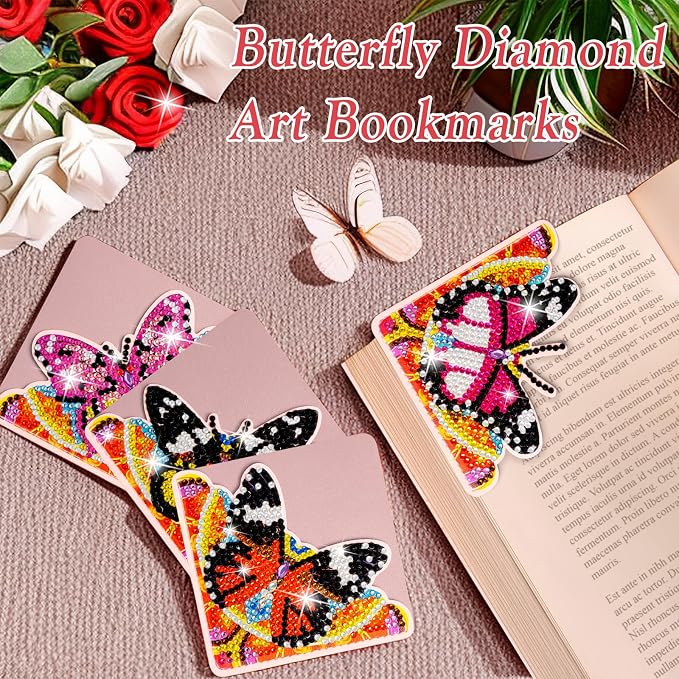 WIVICO 4Pcs Diamond Painting Bookmarks, Diamond Pearl Art Kits for Adults | DIY Diamond Dots Paint By Numbers Kit,Gifts for Book Lovers(Pink Butterfly)