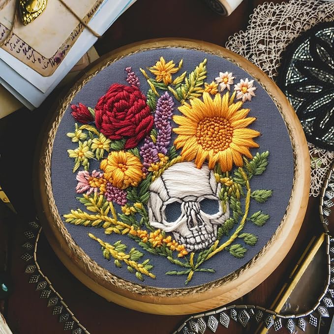FONNUY Floral Embroidery Kit for Beginners, Colorful Flowers Pre-Stamped Pattern Kits for Adults with Hoop, Thread Needlework, 8'' Hoop (Skull)