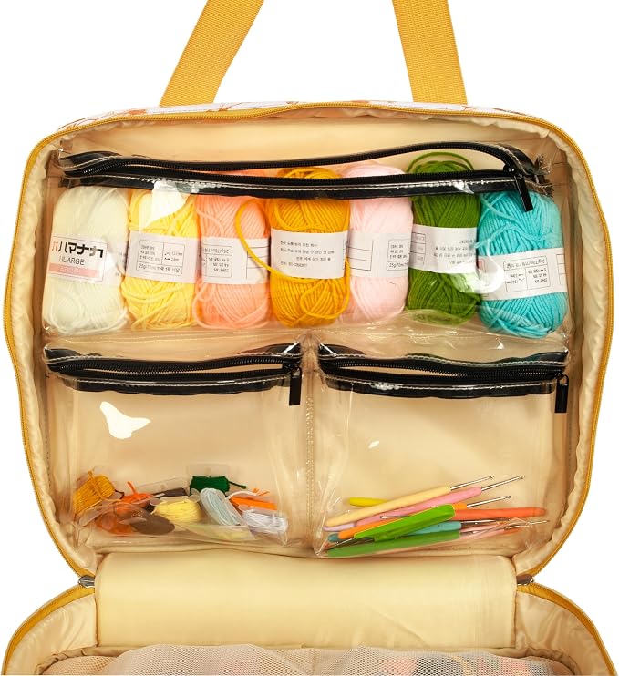 Portable Square Cross Stitch Starter Kits Bag Embroidery Project Bag Embroidery Tool Storage Tote Bag with Multifunctional Pockets, Bag Only (Bird Pattern)