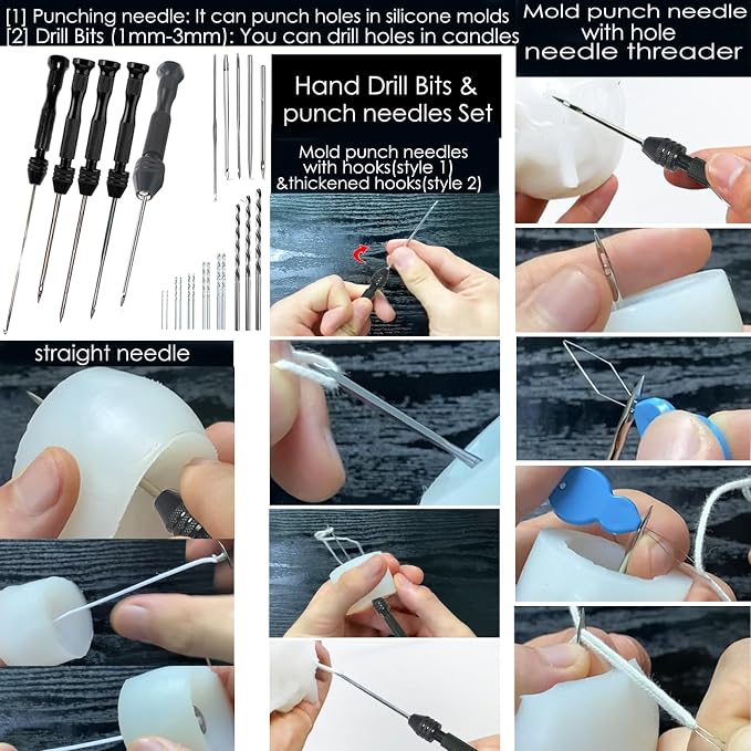 157PCS Professional Candle Making Kit with Soy Candle Wicks,7.9" Extra Long Big Hole Wicking Needle Hand Twist Drill Bits with Storage Bag,Mold Punch Set with Hook Eye for Inserting Candle&Mold Wicks