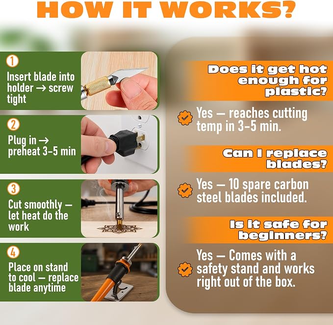 Hot Knife Cutting Tool, 30W, 10 Blades and Wood Burning Tip