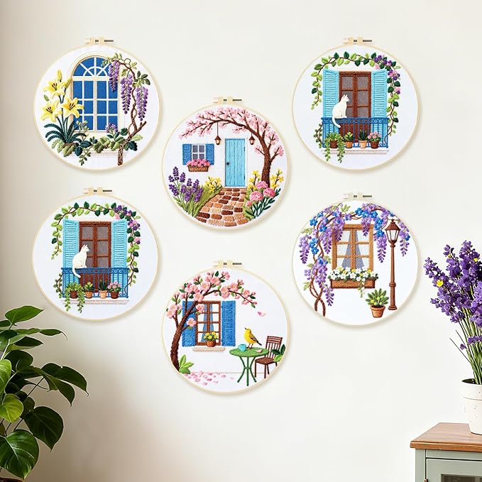 BEUNITONE 6 Set Flowers Embroidery Kit for Beginners Vintage Garden Scene Pre-Stamped Pattern, Needlepoint Kits for Adults Beginners, DIY Handmade Embroidery for Home Decor and Gifts 20x20cm