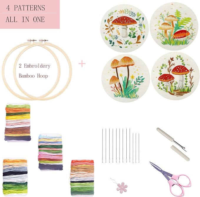 Bonroy 4 Sets Embroidery Kit for Beginners with Instructions,Cross Stitch Kits for Adults with Pattern,Needlepoint Kits for Adult Include Embroidery Cloth Hoops Needles Threads(Mushroom)
