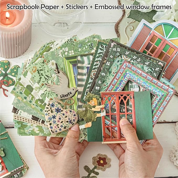 180 Pcs Floral Scrapbooking Paper & Animal Stickers, Embossed Scrapbook Window Frames, 4 Packs Junk Journal Scrapbooking Supplies Kit for Journaling, Embellishments, Card