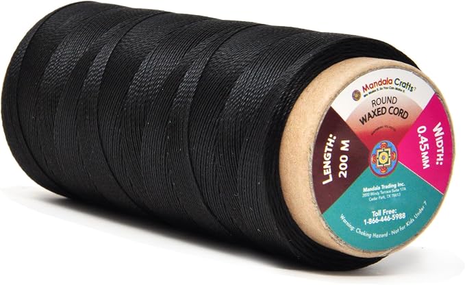 Mandala Crafts 200M 0.45mm Black Round Waxed Thread for Leather Sewing