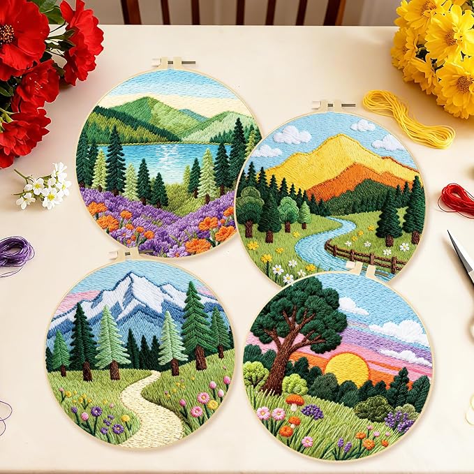 BEUNITONE 4 Set Forest Pattern Embroidery Kit for Adult Beginners Scenery Pre-Printed Designs Cross Stitch Kits, Needlepoint Kits for Adults, Handmade Embroidery for Home Decor 20x20cm