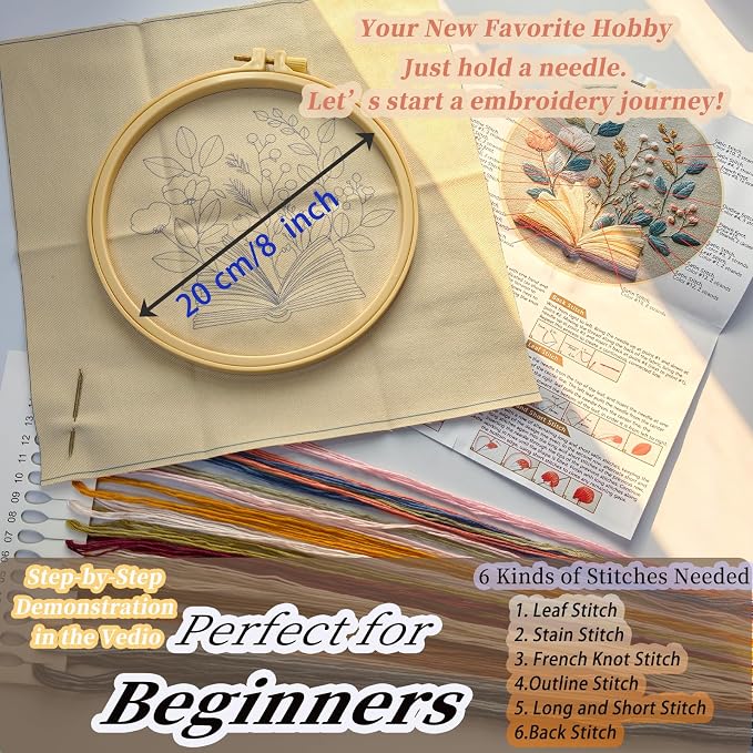 FONNUY Embroidery Kit for Beginners, Flower Book Pre-Stamped Pattern Kits for Adults with Hoop, Cross Stitch Easy to Follow Color Thread Needlework, 8'' Hoop (Brown)