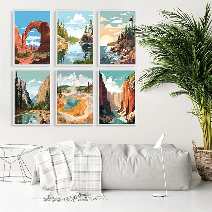 6 Pack Paint by Numbers Kit for Adults Beginner National Park 8x12 Inch | Without Frame Canvas, DIY Acrylic Painting by Numbers National Parks Landscape, Stress Relief Craft Kits, For Home Decor Gift