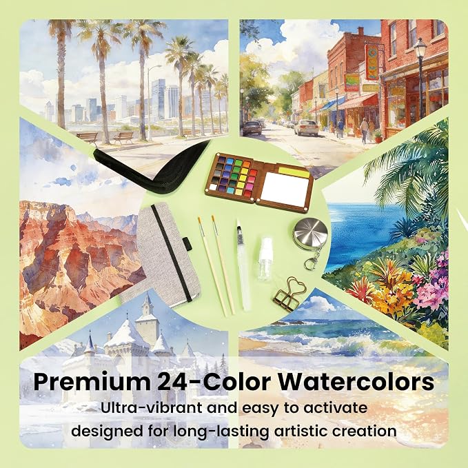 Pagather Travel Watercolor Travel Set, 24 Colors Mini Portable Paint Kit | Includes Water Brush and Compact Design, Perfect for Beginners, Hobbyists and Artists to Create Beautiful Paintings Anywhere