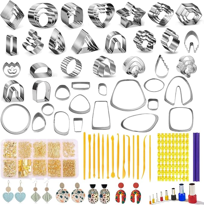 Fesorsi 800 Pcs Clay Earring Making Kit, 67 Polymer Clay Molds Stainless Steel, Polymer Clay Tools with 8 Circle Cutters, 1 Clay Letter Stamps and 710 Pcs Earring Accessories for DIY Jewelry
