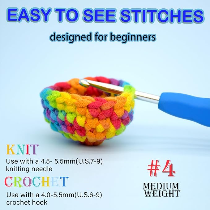 3 Pack Rainbow Beginner Crochet Yarn for Crocheting Knitting Multicolor Cotton Crochet Yarn for Beginners with Easy-to-See Stitches Cotton-Nylon Blend Easy Yarn for Beginners(Neon Green Blue)