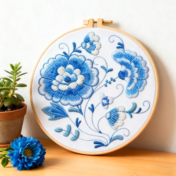 BEUNITONE 4 Set Embroidery Kit for Beginners, Blue Flower Cross Stitch Kits, Needlepoint Kits for Adults with Instructions and Full Kit, Classical Hand Embroidery Patterns for Cloth and Home Decor