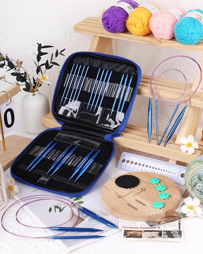 Aeelike 13 Pair Interchangeable Circular Knitting Needles 3-10 mm, Blue | Aluminum Interchangeable Knitting Needles with 4 Cables, Smooth Complete Needles Set for Socks Blankets Sweaters, Ideal Gift