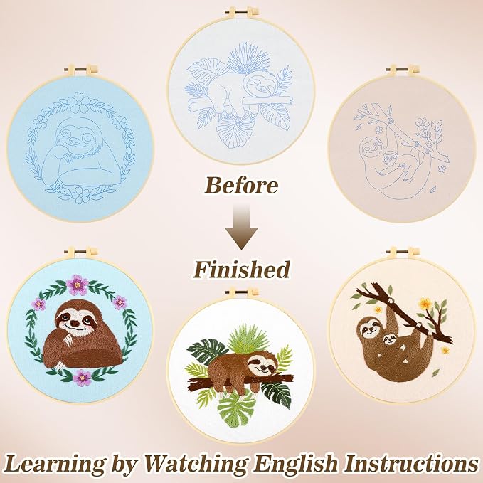 Mindsoft 3 Set Needlepoint Kit for Beginners with Hoop,Sloth | Bamboo Hoop Thread Needles Instructions, Easy Hand Embroidery for Beginners Home Crafts,Pre-stamped Funny Cute Designs