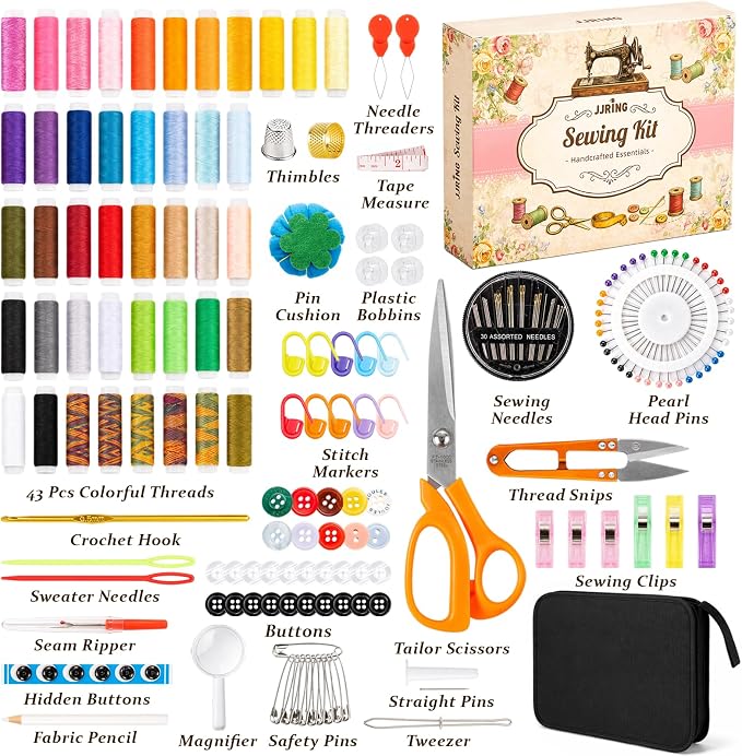 JJRING 205 PCS Sewing Kit for Adults with Portable Handbag, Black | Premium Needle And Thread Kit With Beautiful Gift Box For Beginners, Home, Travel, DIY And Repair