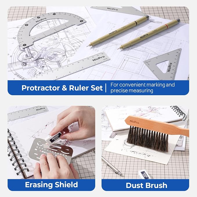 Nicpro 30PCS Professional Drafting Tools & Geometry Set with Case | Architect Protractor Set, Metal Mechanical Pencil Pen, Scale Metal Ruler, 5 Drawing Templates for Interior Design House Plan