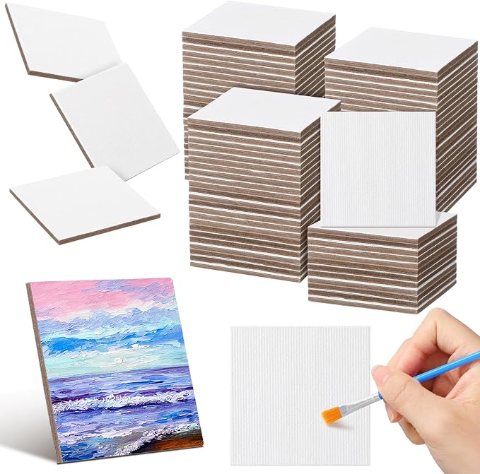 Moinchore 100 Pcs 2 x 2 Inch Mini Painting Canvas Panels Bulk Tiny Art Canvases for Painting Panels Cotton Blank White Small Canvas Acid Free Boards for Watercolor Acrylic Oil Paint