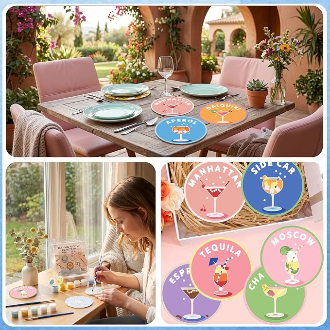 8 Pack Cocktail Paint by Numbers Kits Coasters with Holder Cork Pads | Drinks Paint by Number Kits for Adults Simple Round Oil Painting Coaster for Small DIY Craft Holiday Birthday Gift 3.9x3.9in