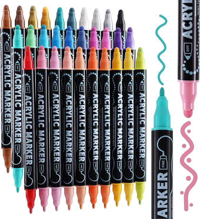 nauets 30 Colors Precision Dual Tip Acrylic Paint Markers Pens - Dot & Fine | Works on Rock, Wood, Fabric, Canvas, Glass, Scrapbook, Paper, Ceramic, Egg, DIY Craft Art Gift - Classroom & School Supplies