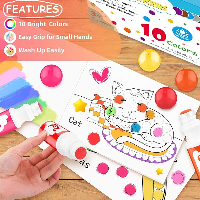 Soucolor Washable Dot Markers,10 Vibrant Colors 48 Pages Activity Book