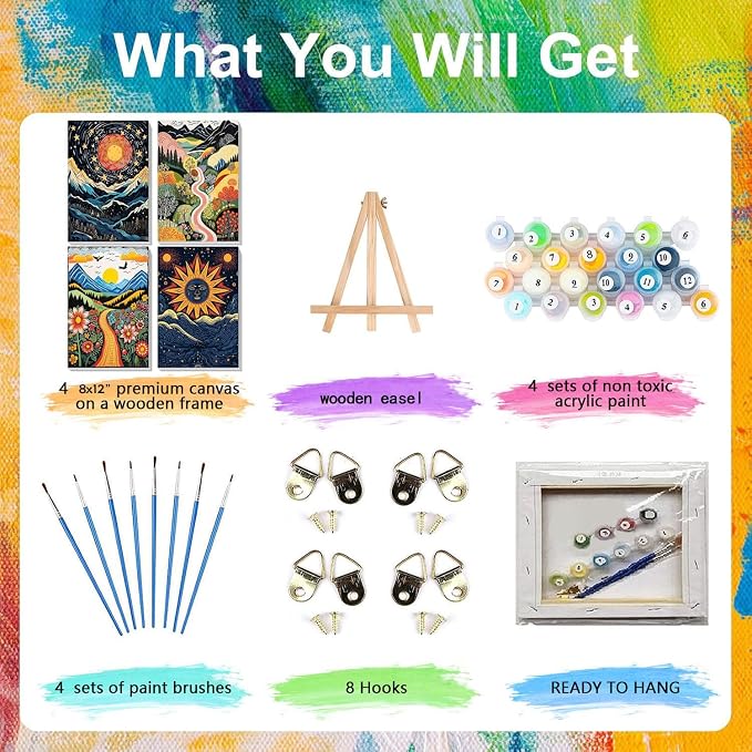 4 Pack Scenery Paint by Numbers for Adults with Frame Canvas - Wooden Easel | Abstract Landscape Paint by Number on Canvas, Acrylic Oil Painting Kits with Brushes for Home Wall Decor (8x12 inch)