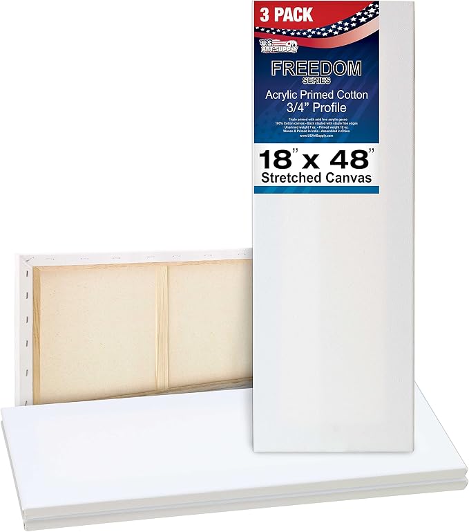 U.S. Art Supply 18"x48" Stretched Canvas for Painting, 3/4" Profile, 3-Pack