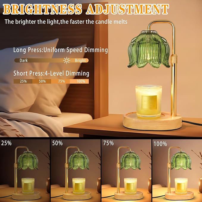 XJZJY Green Flower Candle Warmer Lamp with Timer, Birthday Gifts for Women | Dimmable wax melt warmer with 2 bulbs for jar candles, height adjustable, lotus flower lamp, home decor, housewarming gift