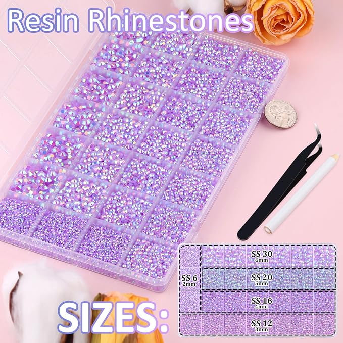 30000Pcs Resin Rhinestones for Bedazzling with Tweezers, Lavender Purple AB Rhinestones for Crafting with 3Pcs 10ml B7000 Jewelry Glue for DIY Crafts Clothing Tumblers Shoes Fabric Nail Art