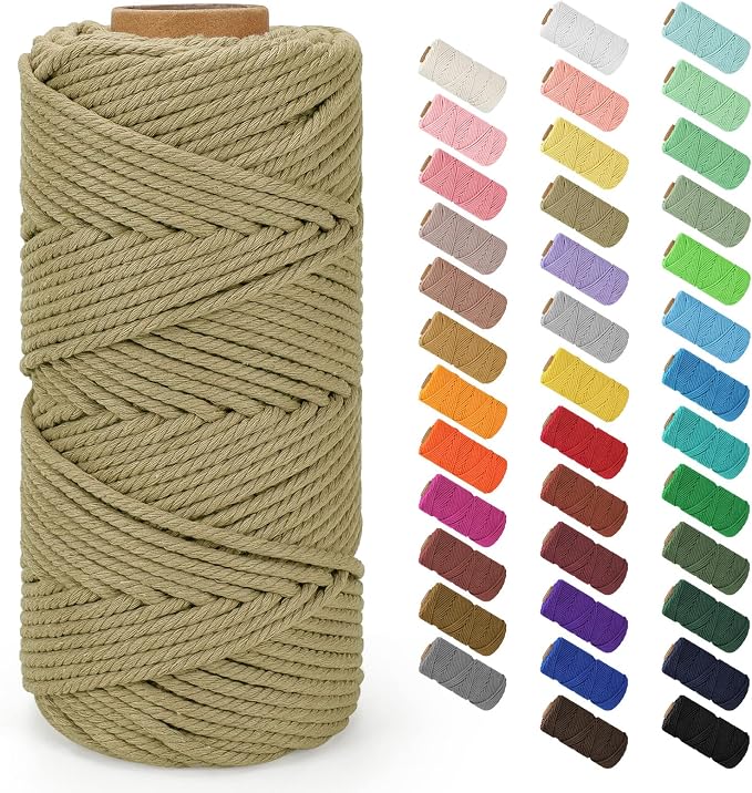 Natural Cotton Macrame Rope - 4mm x 109Yards (328Feet), Khaki - 4 Strands Twisted Macrame Cord for Wall Hanging, Plant Hangers, Crafts, Gift Wrapping and Wedding Decorations