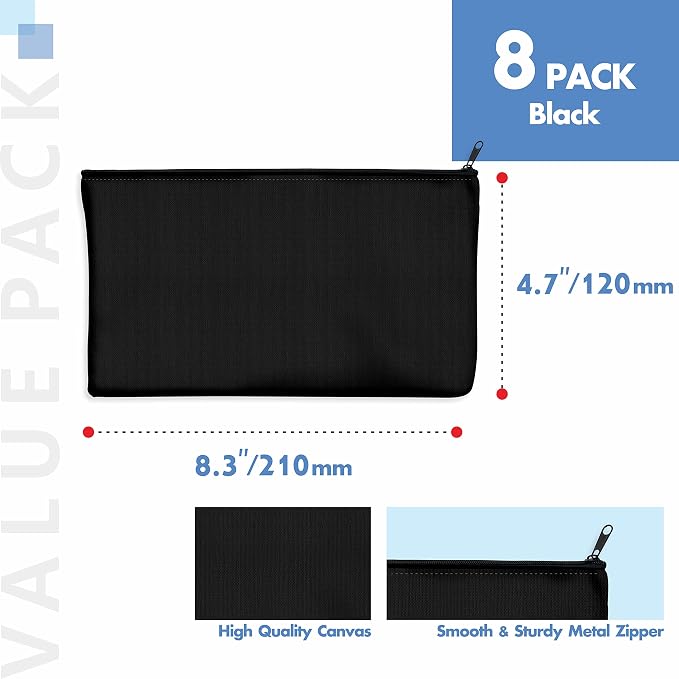 8 Pack Canvas Pencil Pouch, DIY Craft Zipper Bags Blank Makeup Bags Multifunctional Pouches Pencil Case for Cosmetic Toiletry Stationary (Black, 8.3” x 4.7”)