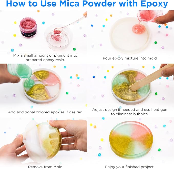 Rolio - Mica Powder Color Pigment Set - Original Complete Set, 5g, 72 Bags | Pearlescent Color Pigments, Resealable Jars for Epoxy Resin, Soap Making, Candles, Slime, Nail Art, and DIY Crafts