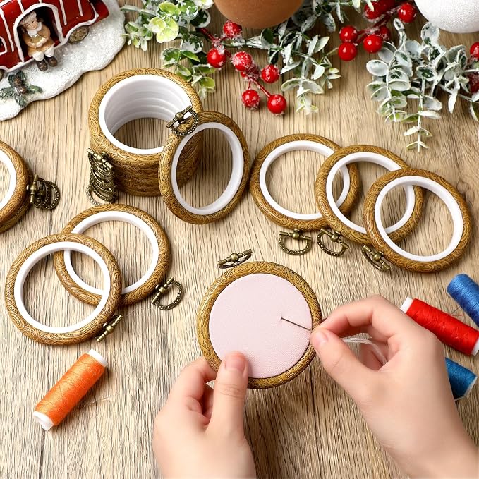 Burbell 15 Pcs 2.4 Inch Round Embroidery Hoops Frame Circle Rubber Hoops Ring Display Cross Stitch Ornament Imitated Wood Frame Kits for Spring Gifts Mother's Day Craft Sewing DIY Hanging Gifts