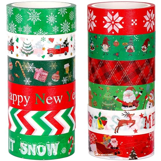 SANNIX 12 Rolls Christmas Washi Tapes 15mm Wide Christmas Tree Snowflakes