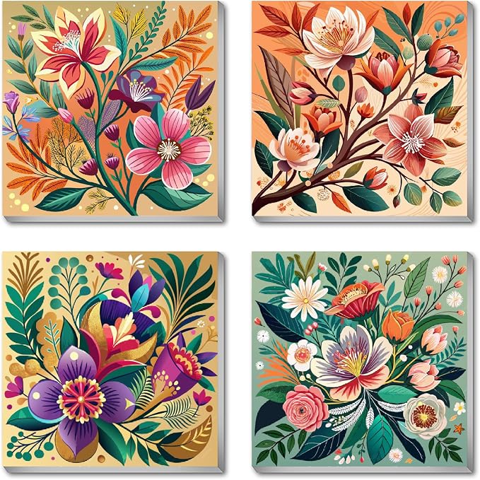 Canrichshop 4 Pack Paint by Numbers for Beginner with Frame,Flowers Adult Paint by Number Kits on Canvas, DIY Number Painting for Adults for Decor 8X 8 inch