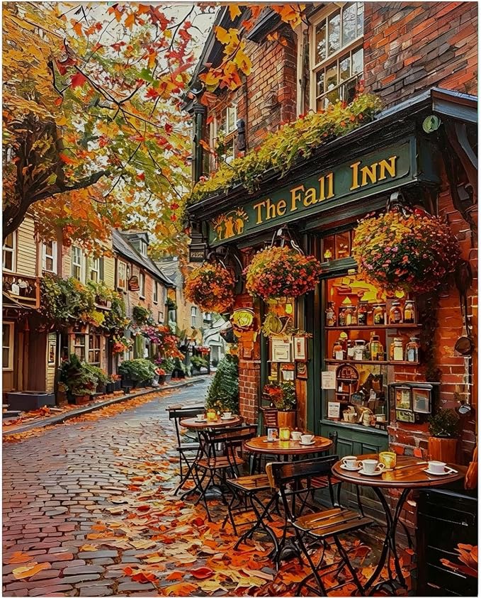 Gemozaic Fall Paint by Numbers Kit for Adults, Street Landscape, 16 x 20 in | Fall Inn Paint by Number on Canvas, Autumn Acrylic Painting by Numbers, Color by Number for Home, Wall Decor, Gift, Unframed