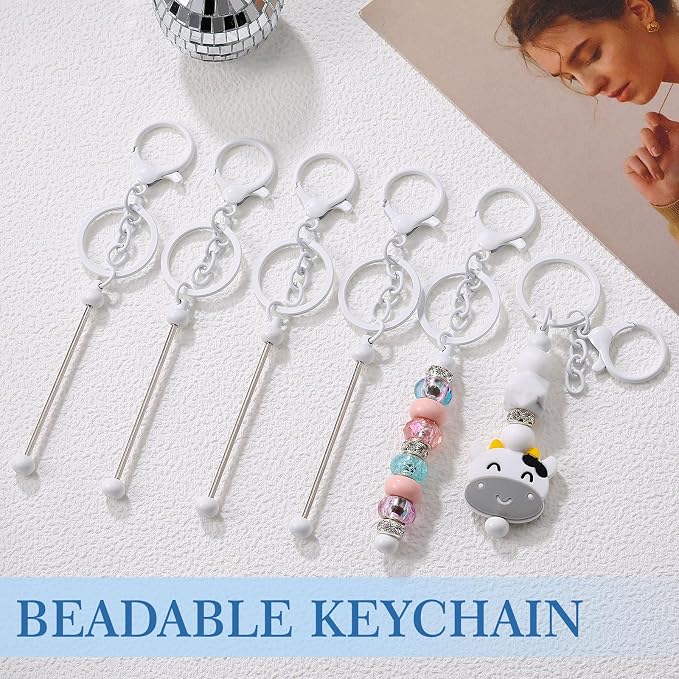 Huwena 6 Pcs Beadable Keychain Bars Metal Blanks DIY Crafts Jewelry Gift