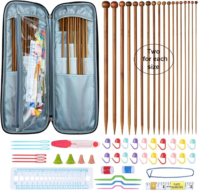Mdoker Bamboo Knitting Needle Set with Case 36pcs Straight Single Pointed Kniting Needles 13.5inch Length Sweater Needles for DIY Knitting Projects(2mm-10mm) Knitting Set with Accessories