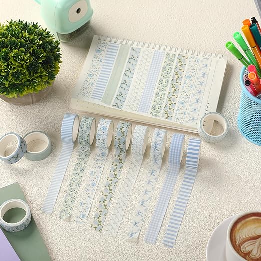 12 Rolls Floral Washi Tape Set,Dusty Blue,Rose and Hydrangea | Watercolor Flowers Design for Scrapbook Journal DIY Craft School Supplies, 15 mm Vintage Decorative Masking Washi Tapes