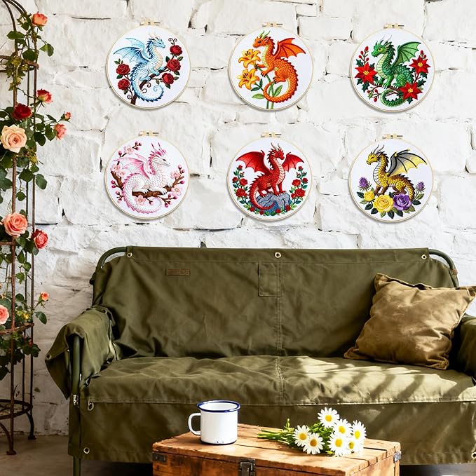 BEUNITONE 6 Set Embroidery Kits for Beginners with Dragon Pre-Print Pattern